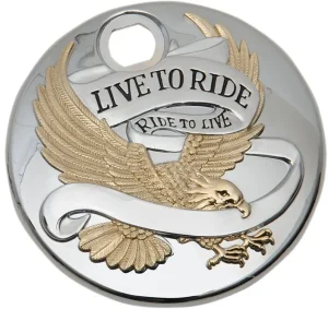 Tapa embellecedor depósito de combustible "Live to Ride" - Puerta cromo/oro <span style="color: red;font-size: 0,5em">- ALMACEN USA-</span>
