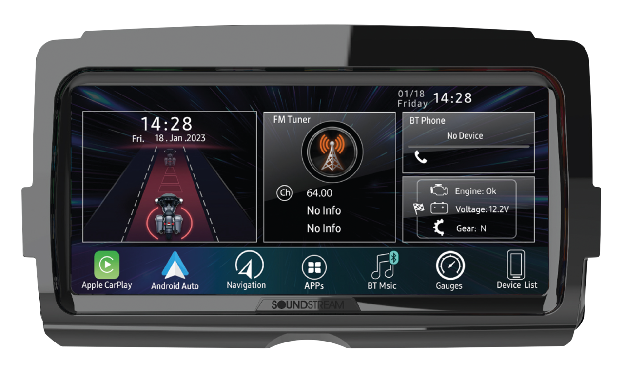 Radio Soundstream V2 instalada en Harley-Davidson con pantalla táctil para CarPlay y Android Auto
