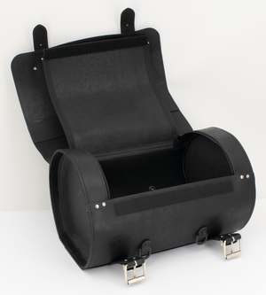 Alforja redonda de cuero estilo bongo marca Texas Leather para moto custom