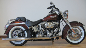 Escape doble ajustable MCJ negro instalado en motocicleta Harley-Davidson Softail Twin Cam