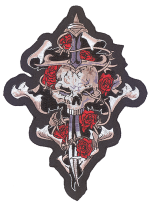 PARCHES BORDADOS LETHAL THREAT - Cráneo, daga y rosa 4"x4" — B-stock