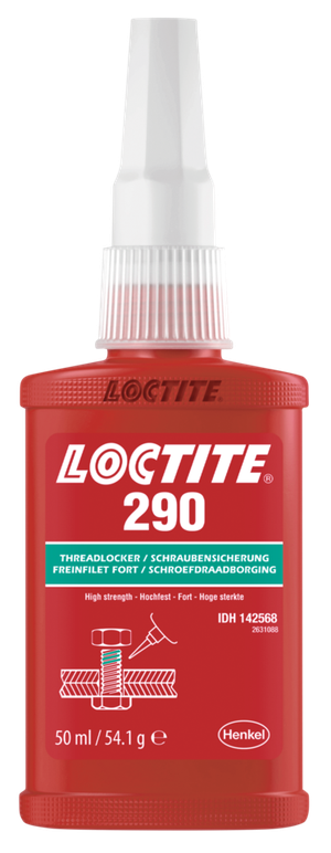 Tubo de adhesivo Loctite 290 bloqueador de rosca penetrante sobre fondo blanco