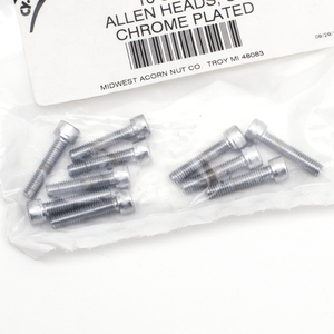 Surtido de tornillos de cabeza Allen con acabado cromado brillante sobre fondo neutro