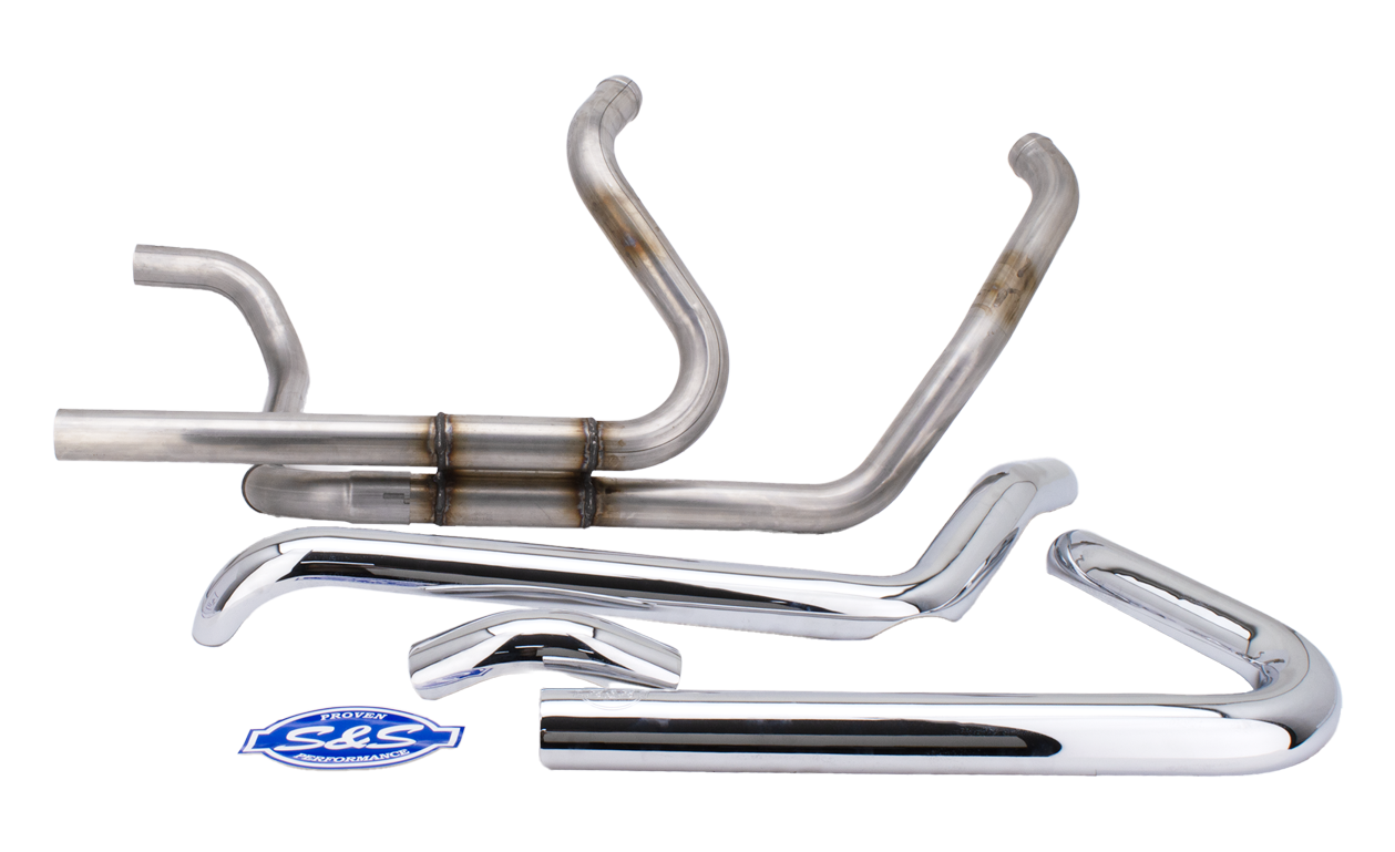 Par de colectores de escape Power Tune S&S instalados en un motor Harley-Davidson Touring