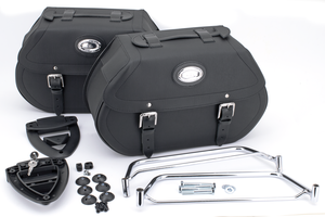 Kit de alforjas K-Drive Longride con sistema de cierre Click & Lock instalado en motocicleta