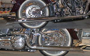 Escape doble true dual ajustable MCJ negro instalado en motocicleta Softail Twin Cam