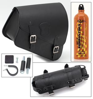 Bolsa de cuero negra montada en el chasis lateral de una motocicleta Harley-Davidson Sportster