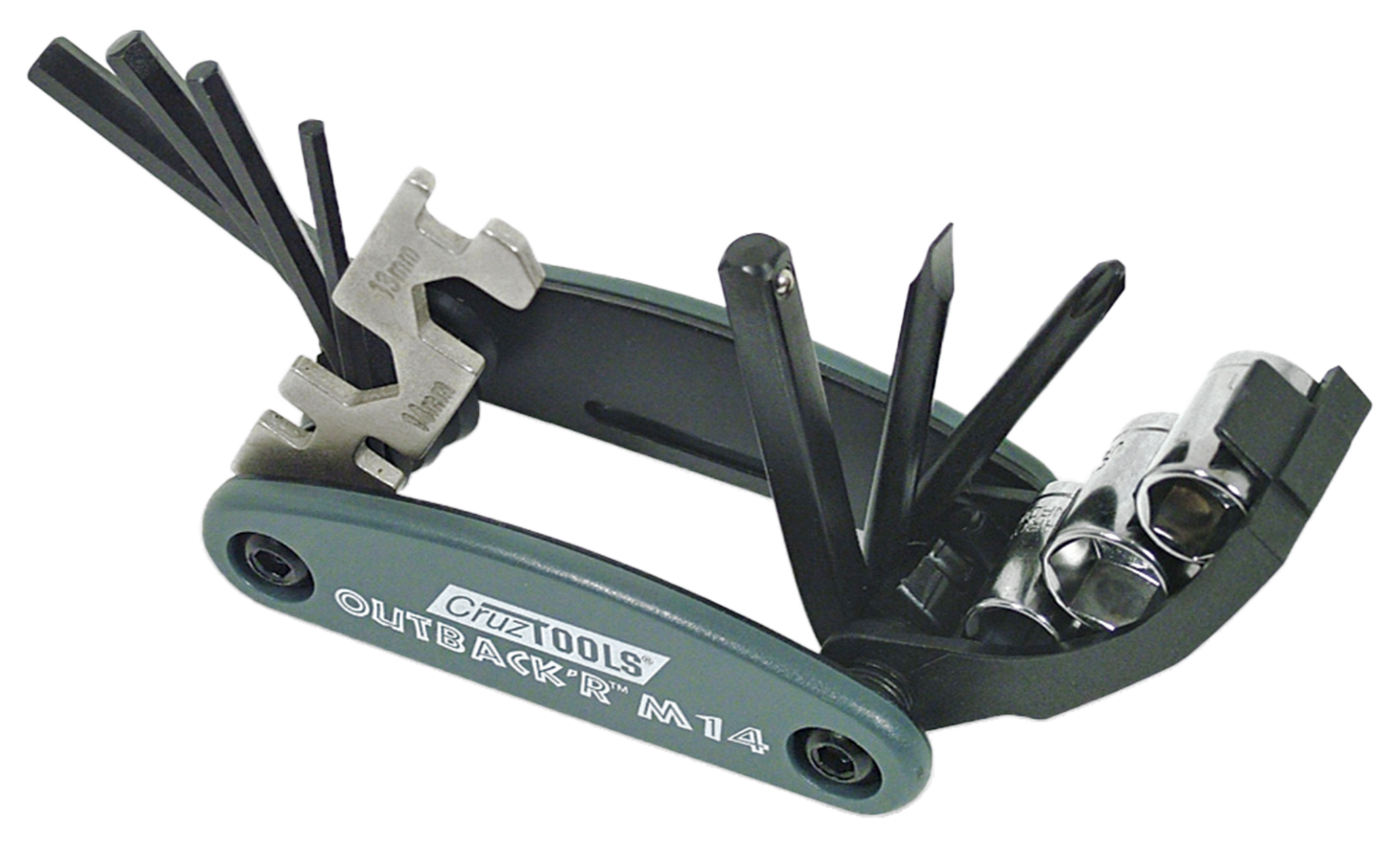 Conjunto de herramientas plegables CruzTools modelo H13 y M14 desplegadas