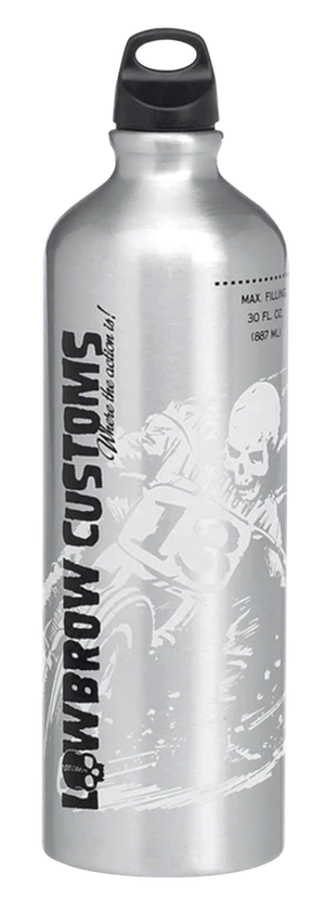Botella de reserva de combustible Lowbrow Customs con su transportador de montaje