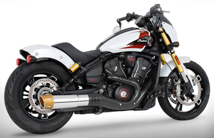 Par de silenciosos slip-on de 4 pulgadas instalados en Indian Scout 2025