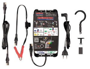 Cargador de batería Optimate Pro 1 Duo de color negro con pantalla digital y conectores para uso profesional en motocicletas