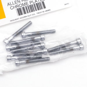 Surtido de tornillos de cabeza Allen con acabado cromado brillante sobre fondo neutro