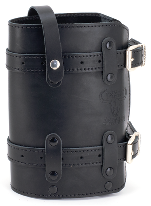 Soportes para botella de combustible Texas Leather instalados en motocicleta