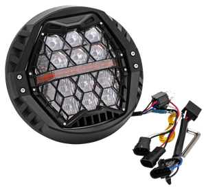 Faro LED circular de 7 pulgadas con lente de patrón de panal negro para motocicleta
