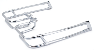 Protectores de alforjas estilo Dual Rail instalados en una motocicleta Harley-Davidson
