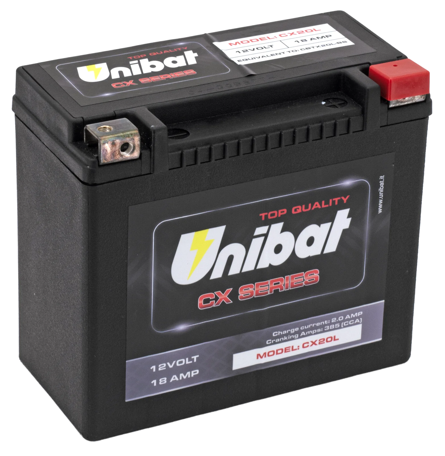 Batería Unibat AGM sellada rectangular negra con bornes superior