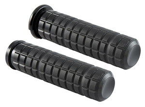 Par de puños Arlen Ness Speedliner negros instalados en manillar de motocicleta