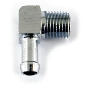 Racor de manguera de aceite, 90 grados. 1/4" NPT a 5/16". Cromado