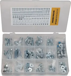 Vista superior de un kit de tornillos métricos M1 organizados en bandeja
