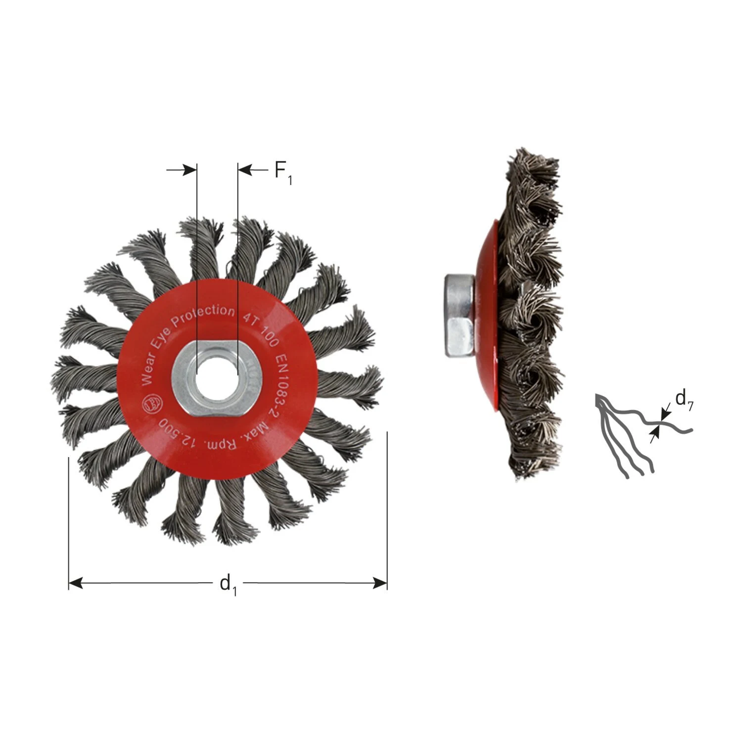 Cepillo de copa tipo platillo Rotec de 100mm con nudo retorcido de alambre de acero